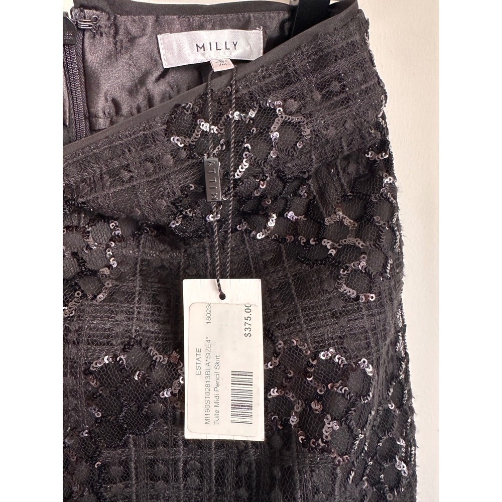 MILLY Luxury Designer Black Sequin Tulle Midi Pencil Skirt Size 4 NWT - Picture 6 of 8